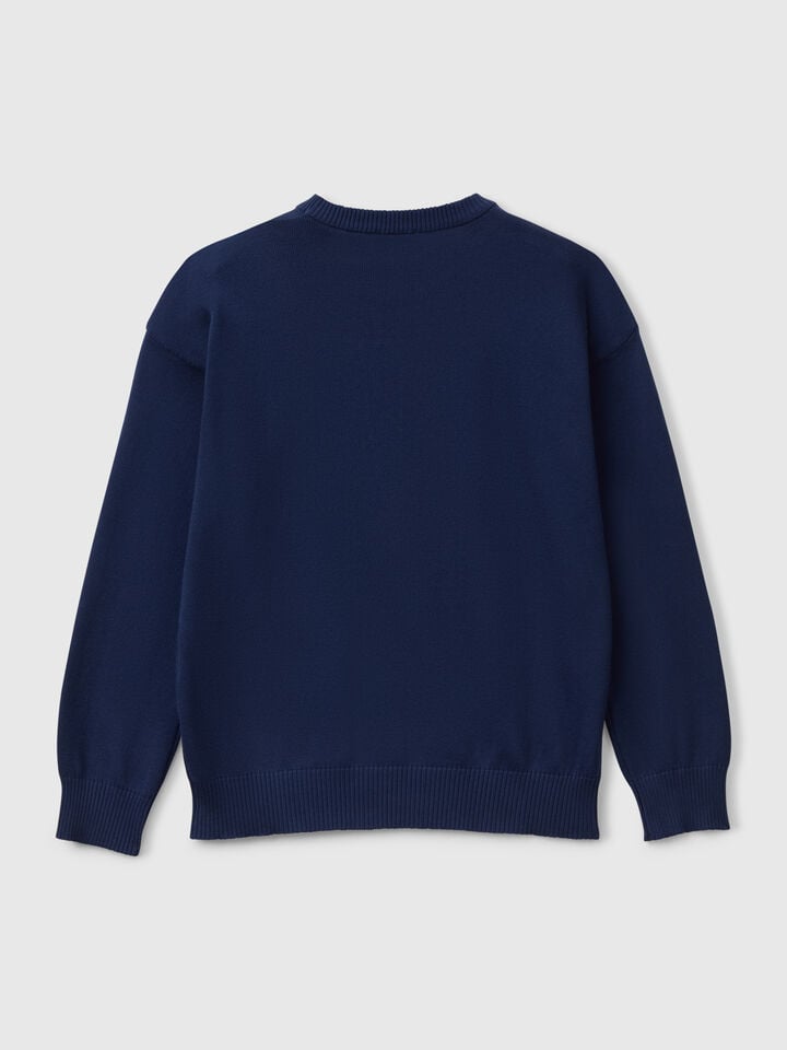 Benetton Sweater In Pure Cotton With Logo Dark Blue