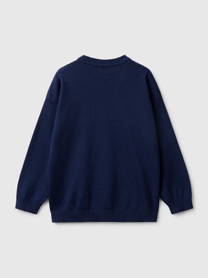 Benetton Sweater In Pure Cotton With Logo Dark Blue