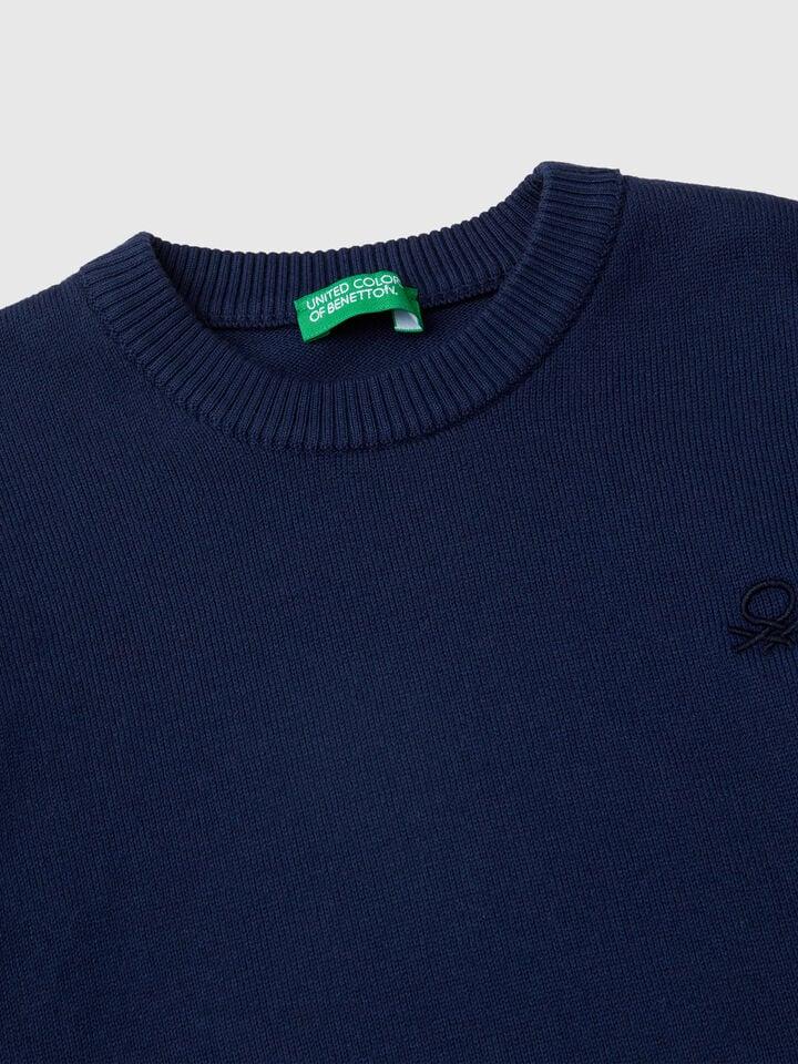 Benetton Sweater In Pure Cotton With Logo Dark Blue