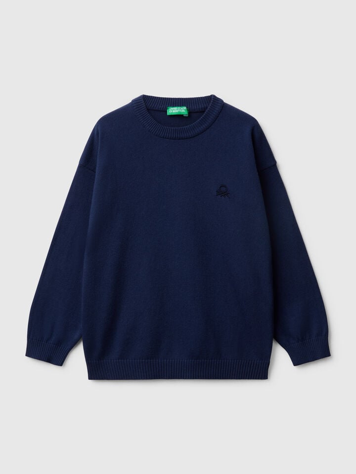 benetton Sweater in pure cotton with logo Dark Blue