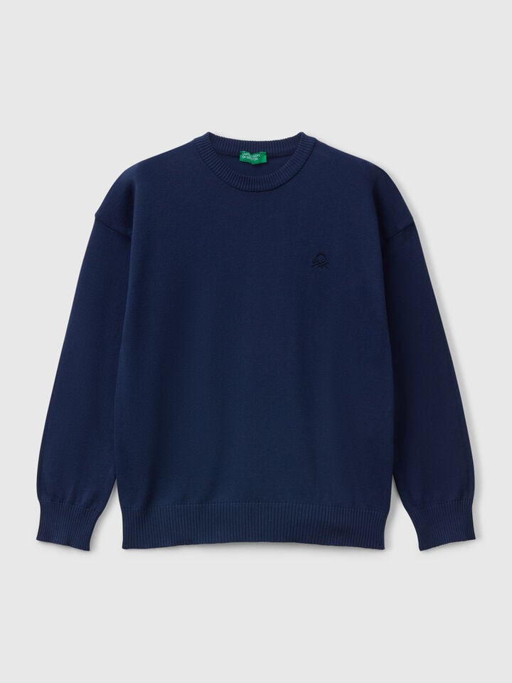 benetton Sweater in pure cotton with logo Dark Blue