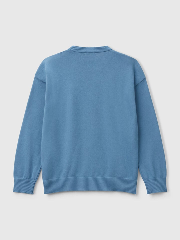 Benetton Sweater In Pure Cotton With Logo Light Blue