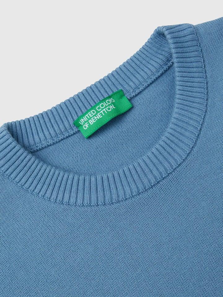 Benetton Sweater In Pure Cotton With Logo Light Blue