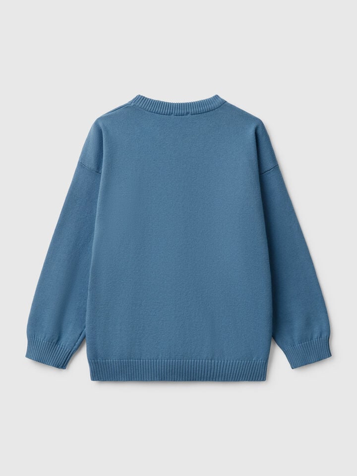 Benetton Sweater In Pure Cotton With Logo Light Blue