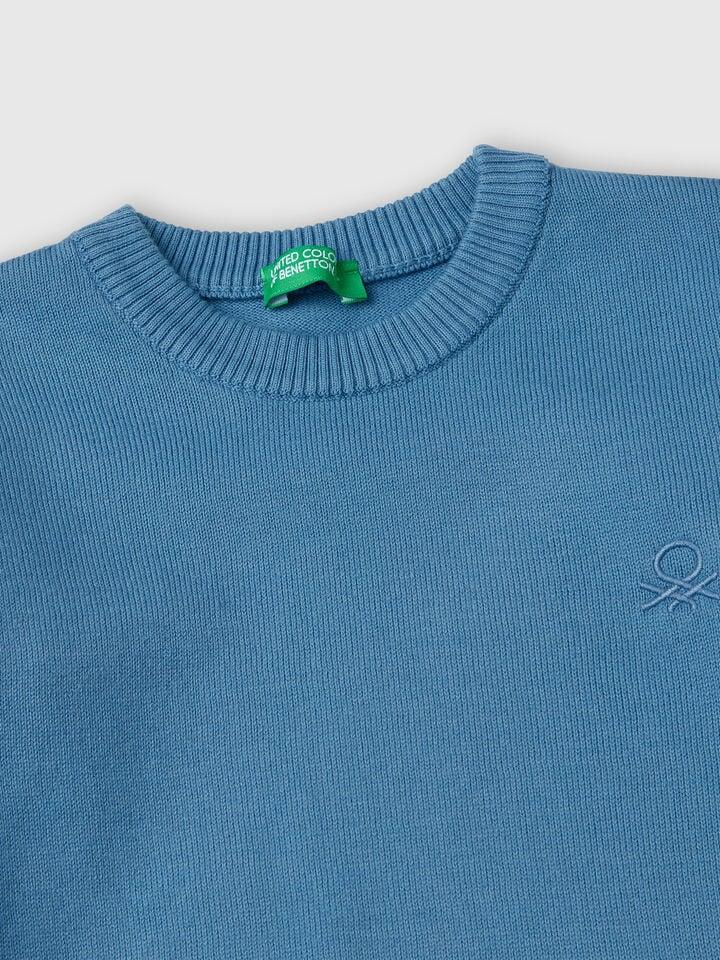 Benetton Sweater In Pure Cotton With Logo Light Blue