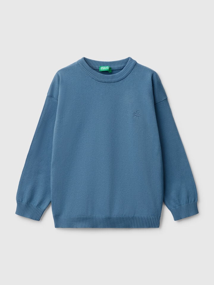 benetton Sweater in pure cotton with logo Light Blue