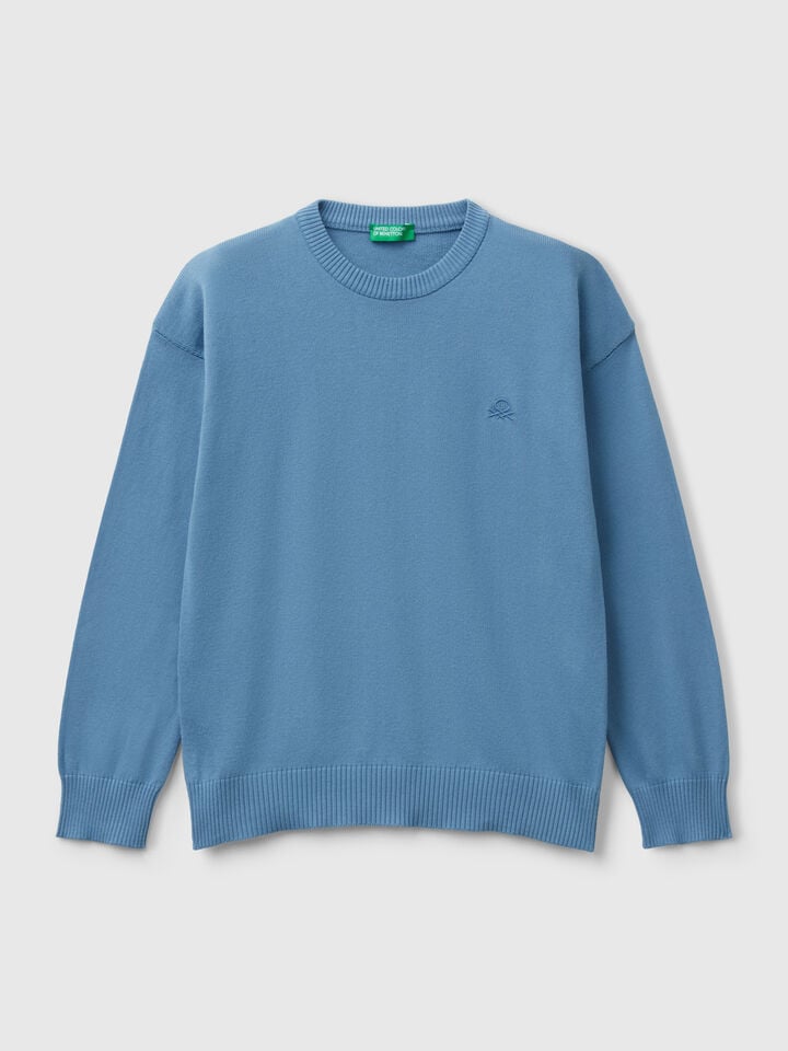 benetton Sweater in pure cotton with logo Light Blue
