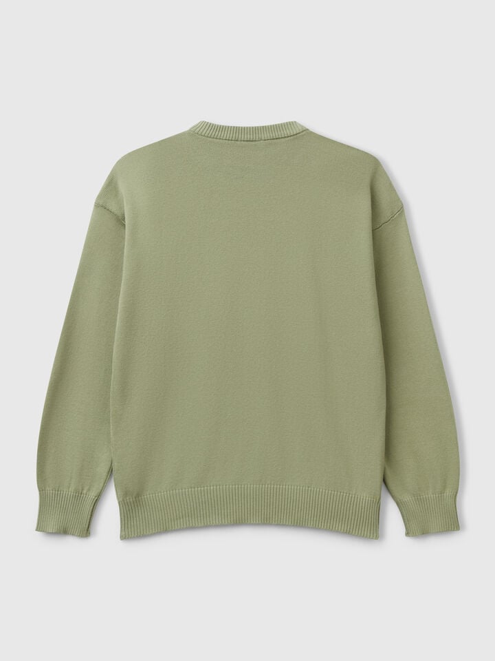 Benetton Sweater In Pure Cotton With Logo Olive Green