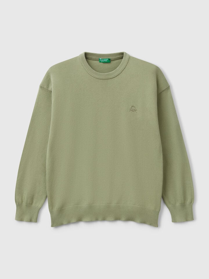 benetton Sweater in pure cotton with logo Olive Green