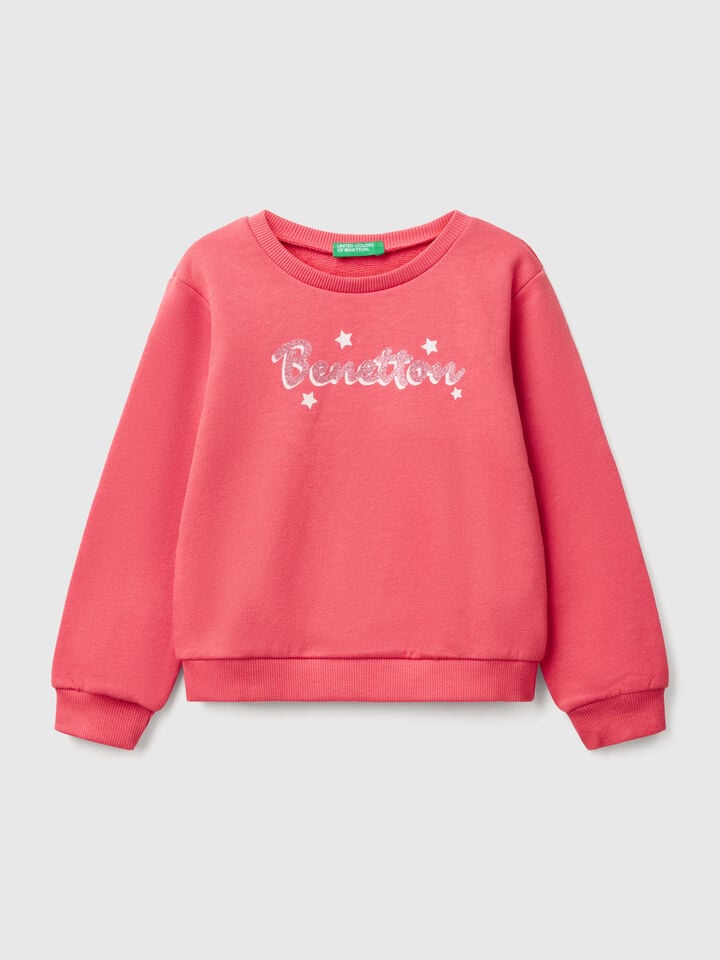 benetton Sweatshirt in cotton with glittery print Cyclamen