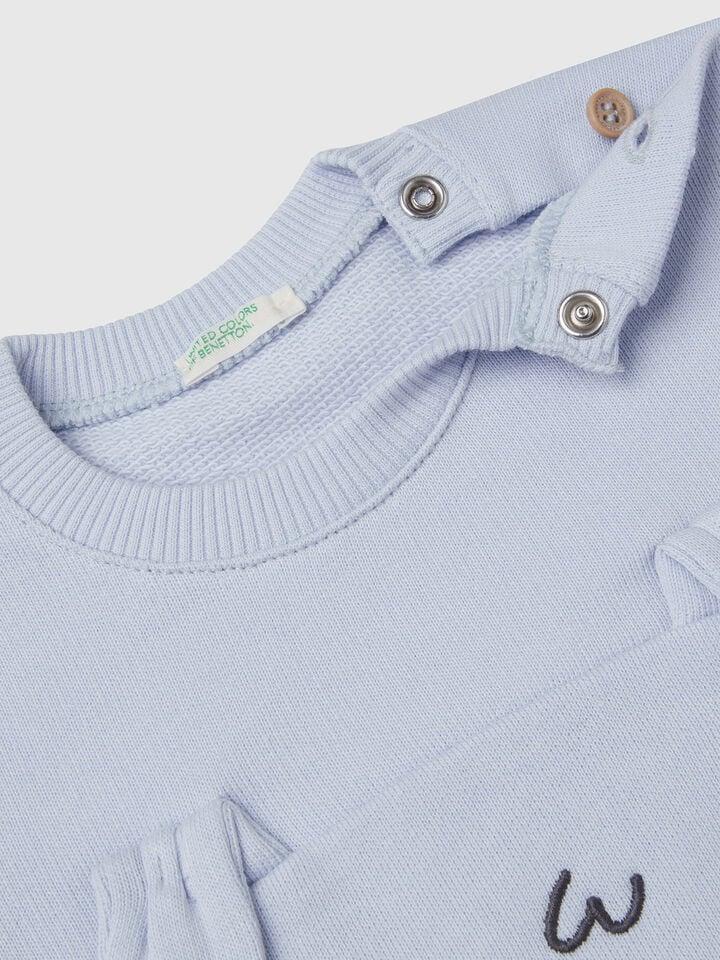 Benetton Sweatshirt With Embroidery And Patches In Cotton Sky Blue