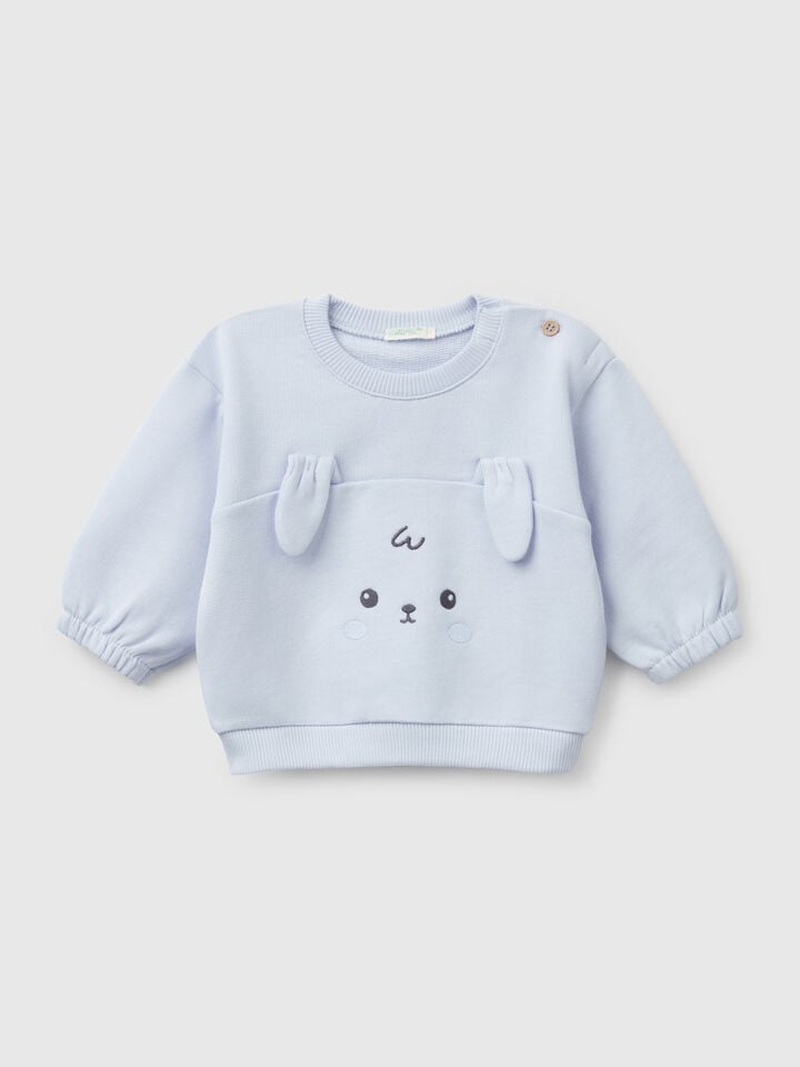 Benetton Sweatshirt With Embroidery And Patches In Cotton Sky Blue