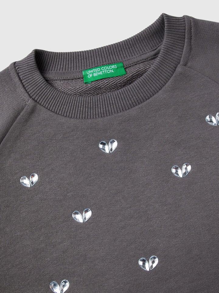 Benetton Sweatshirt With Heart Rhinestones Dark Gray