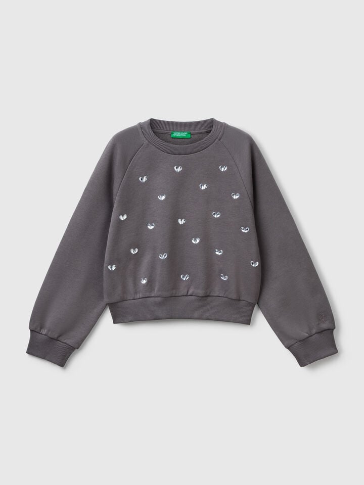 benetton Sweatshirt with heart rhinestones Dark Gray