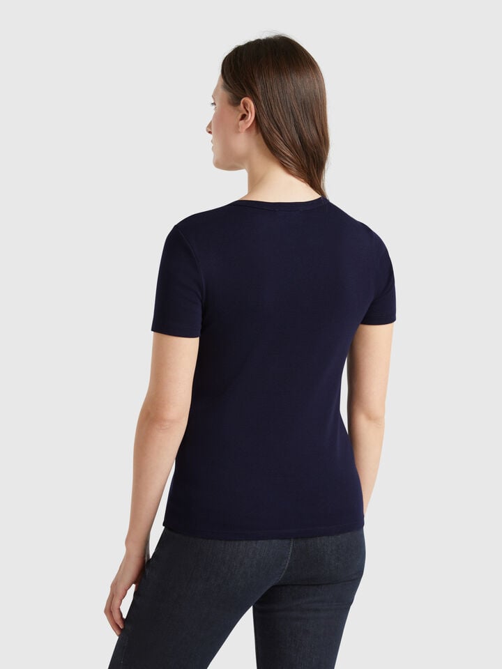 Benetton T-shirt In 100% Cotton With Glitter Print Logo Dark Blue