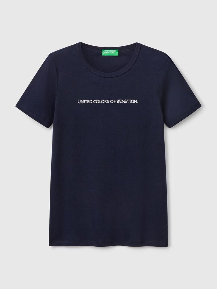 Benetton T-shirt In 100% Cotton With Glitter Print Logo Dark Blue