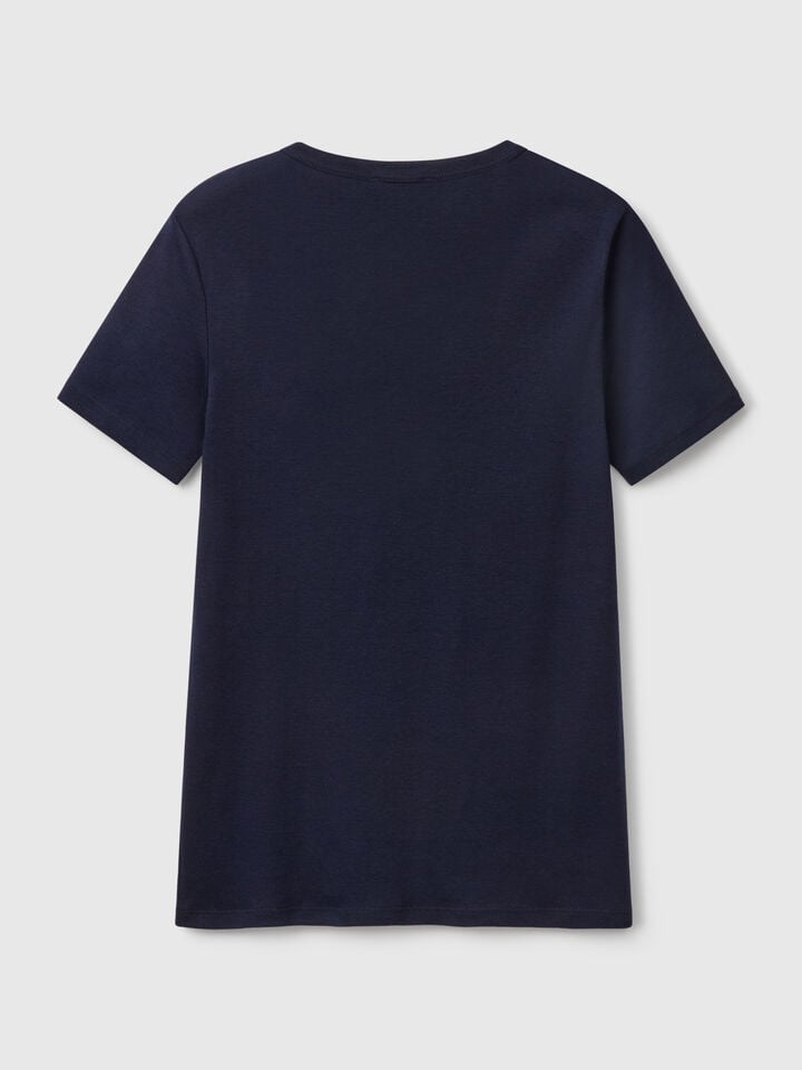 Benetton T-shirt In 100% Cotton With Glitter Print Logo Dark Blue