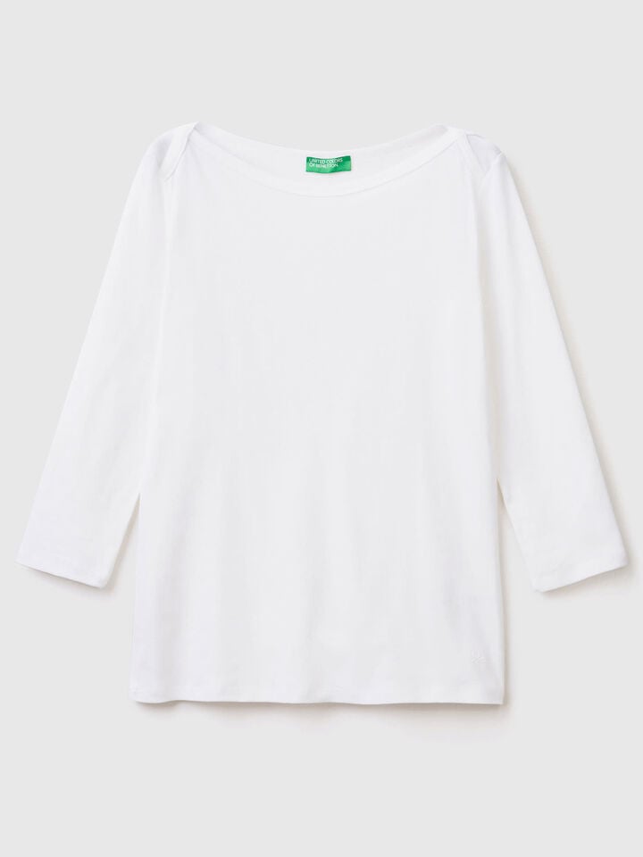 Benetton T-shirt With Boat Neck In 100% Cotton White