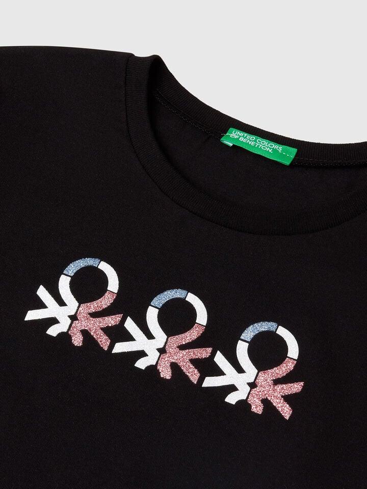 Benetton T-shirt With Glittery Logo In Cotton Black