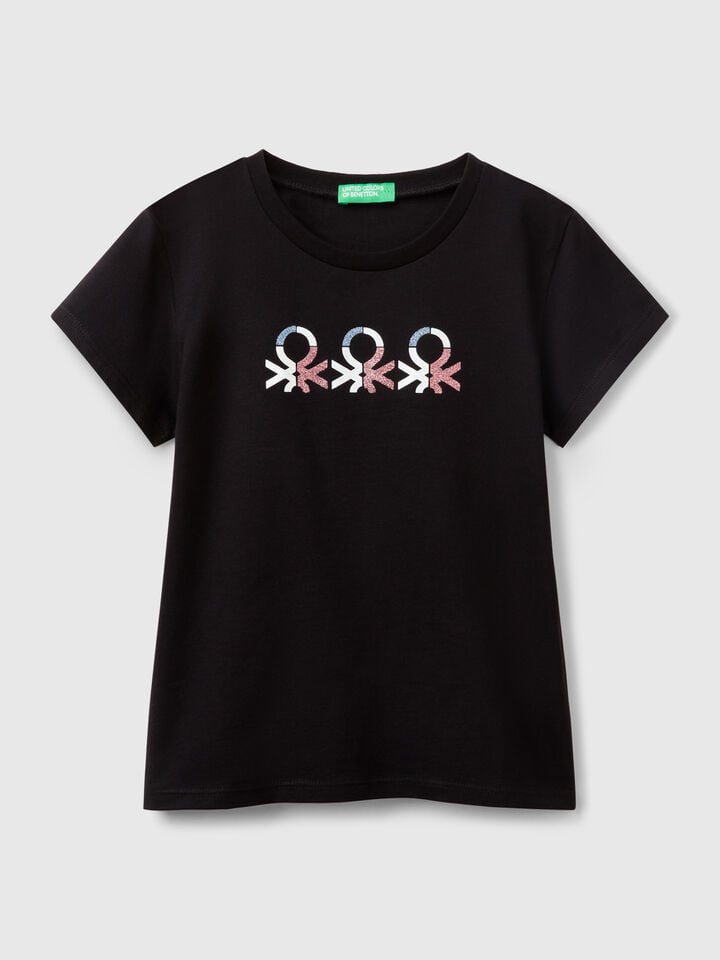 Benetton T-shirt With Glittery Logo In Cotton Black