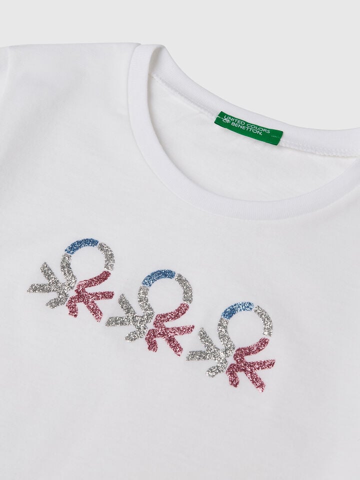 Benetton T-shirt With Glittery Logo In Cotton White