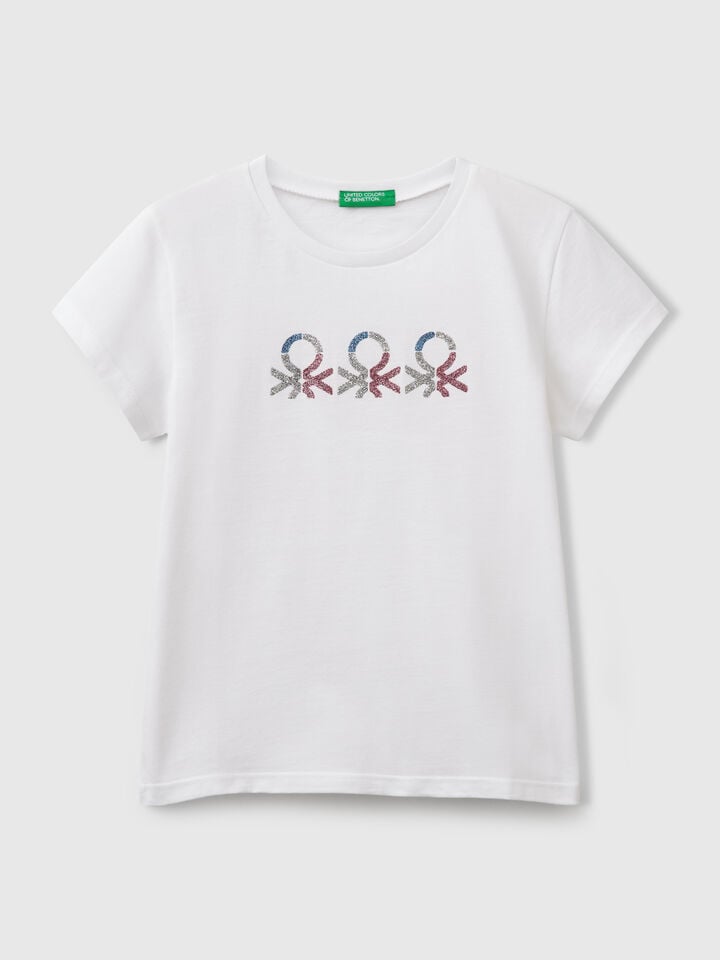 Benetton T-shirt With Glittery Logo In Cotton White