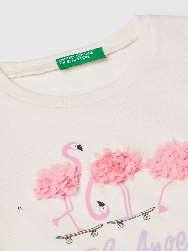 Benetton T-shirt With Petal Effect Applique Creamy White