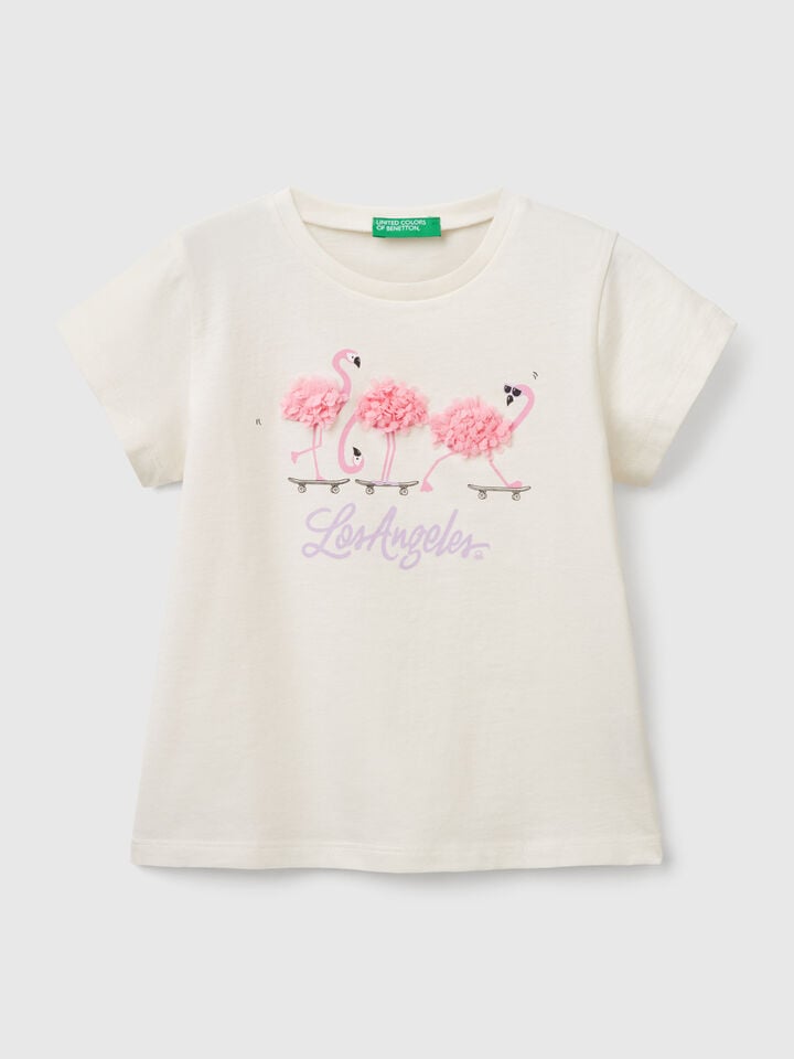 Benetton T-shirt With Petal Effect Applique Creamy White
