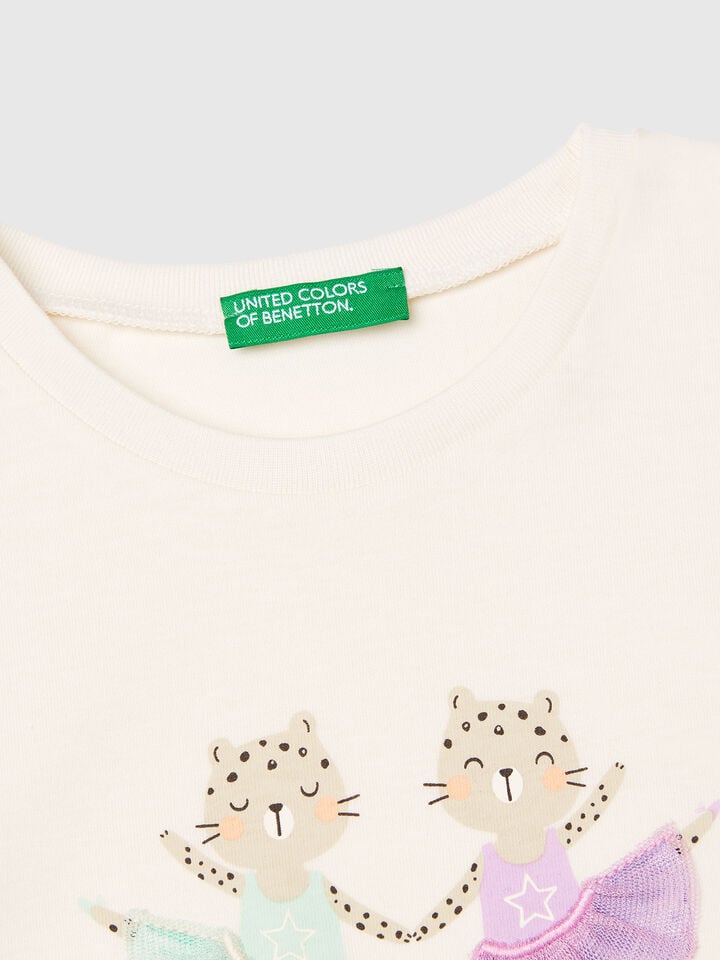 Benetton T-shirt With Print And Applique Creamy White