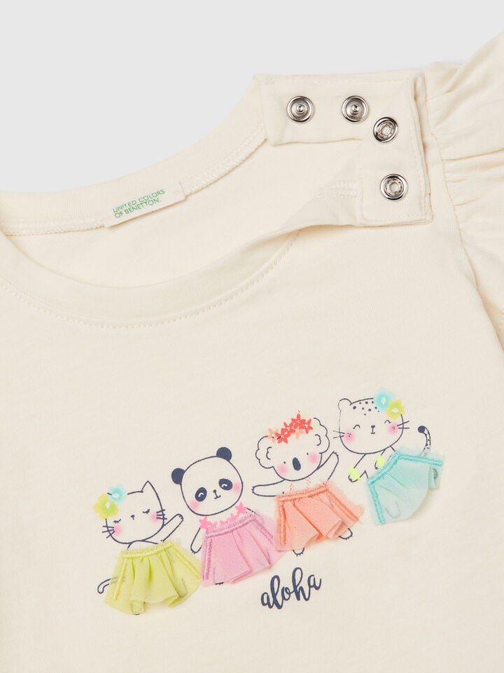 Benetton T-shirt With Print And Applique Creamy White
