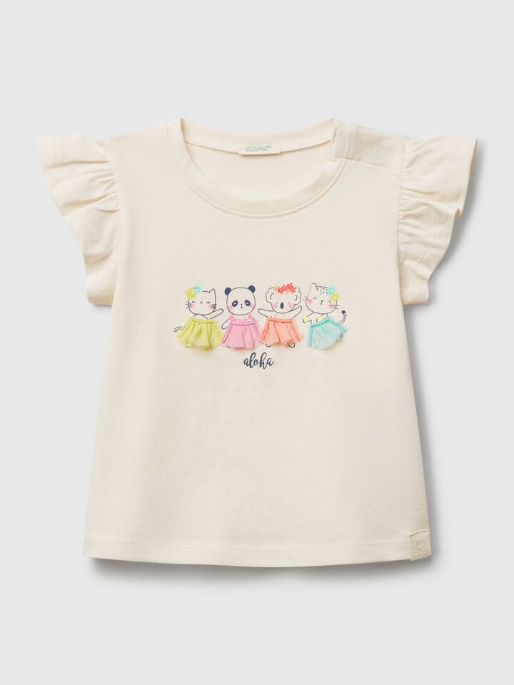 Benetton T-shirt With Print And Applique Creamy White