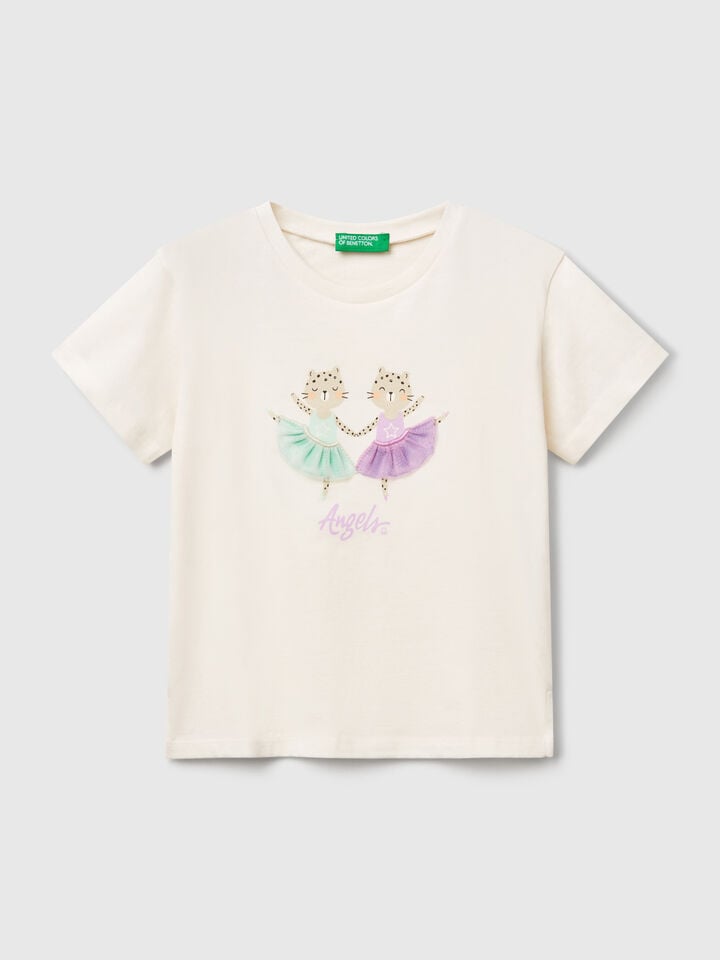 Benetton T-shirt With Print And Applique Creamy White
