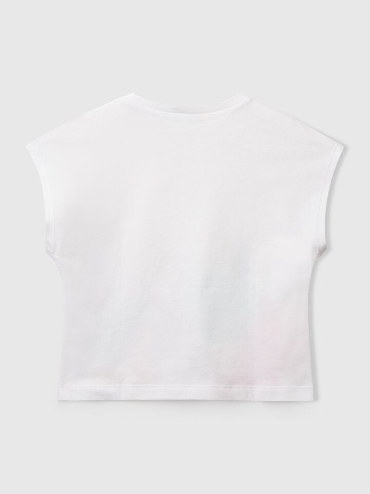 Benetton T-shirt With Print And Crochet Applique White