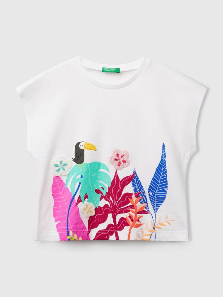 benetton T-shirt with print and crochet applique White