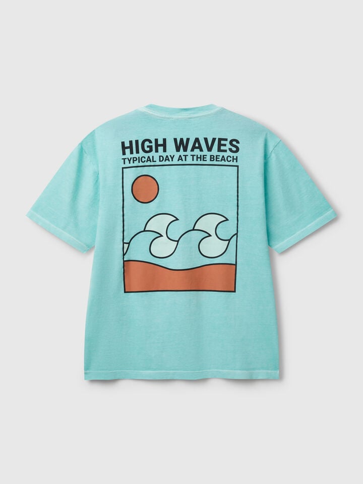 Benetton T-shirt With Print On Front And Back Light Blue