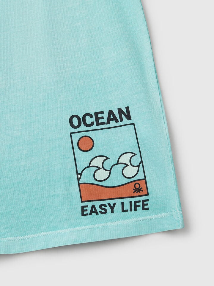 Benetton T-shirt With Print On Front And Back Light Blue