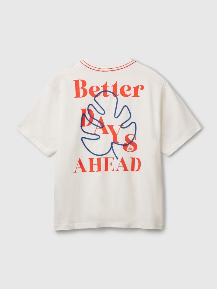 Benetton T-shirt With Slogan Print And Embroidery White