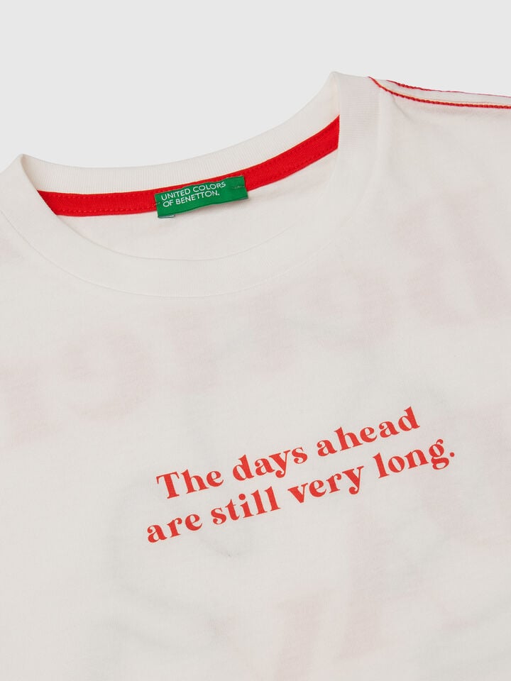 Benetton T-shirt With Slogan Print And Embroidery White