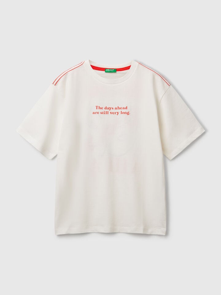 benetton T-shirt with slogan print and embroidery White