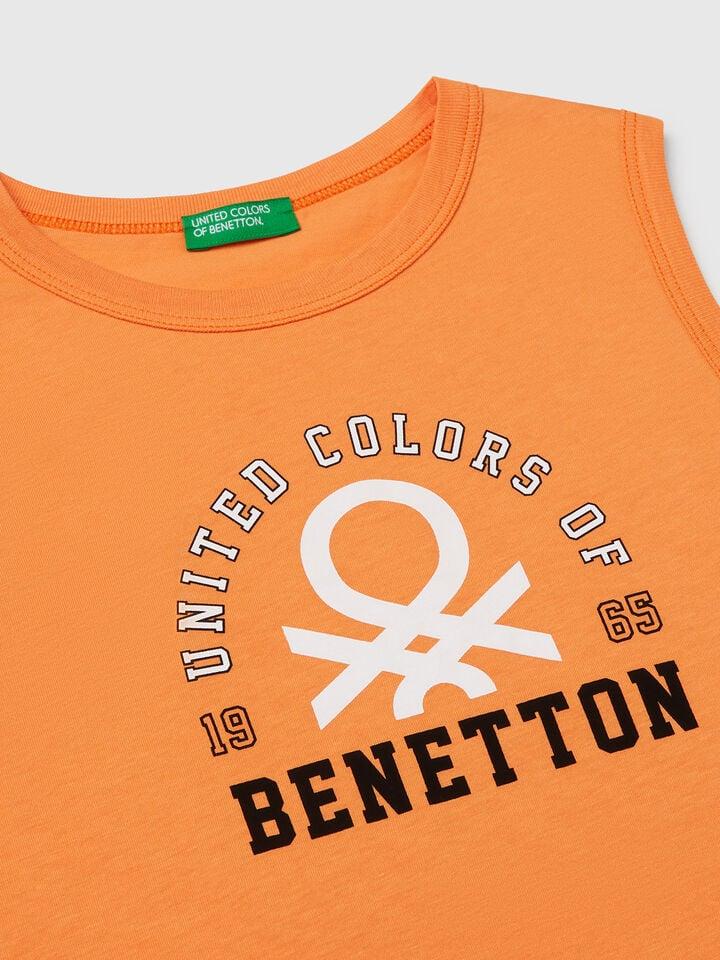 Benetton Tank Top In 100% Organic Cotton With Logo Orange