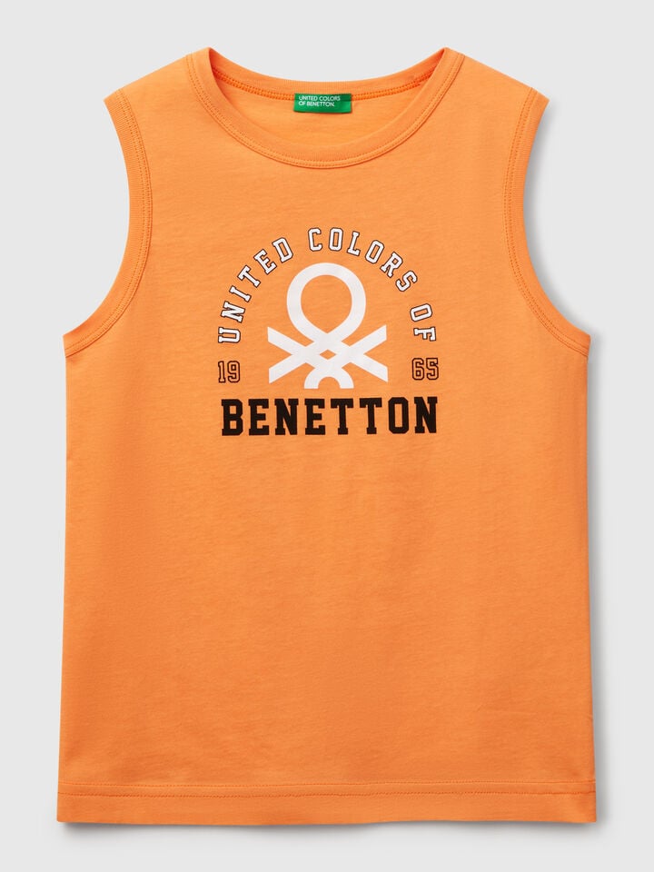 Benetton Tank Top In 100% Organic Cotton With Logo Orange