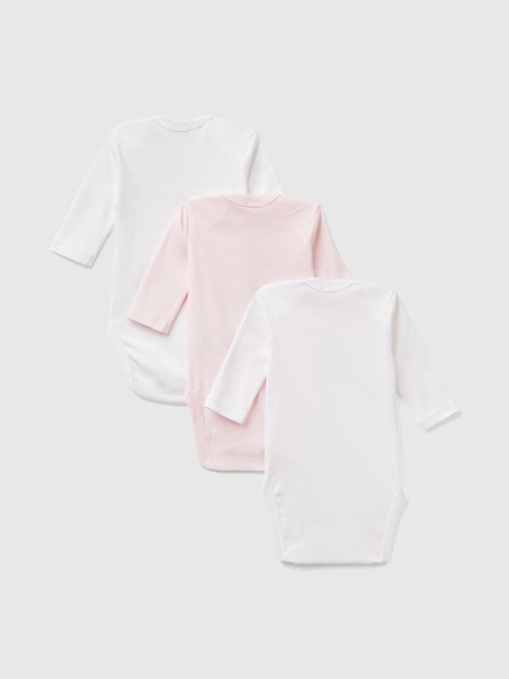 Benetton Three Solid Color Bodysuits In Cotton Multi-color