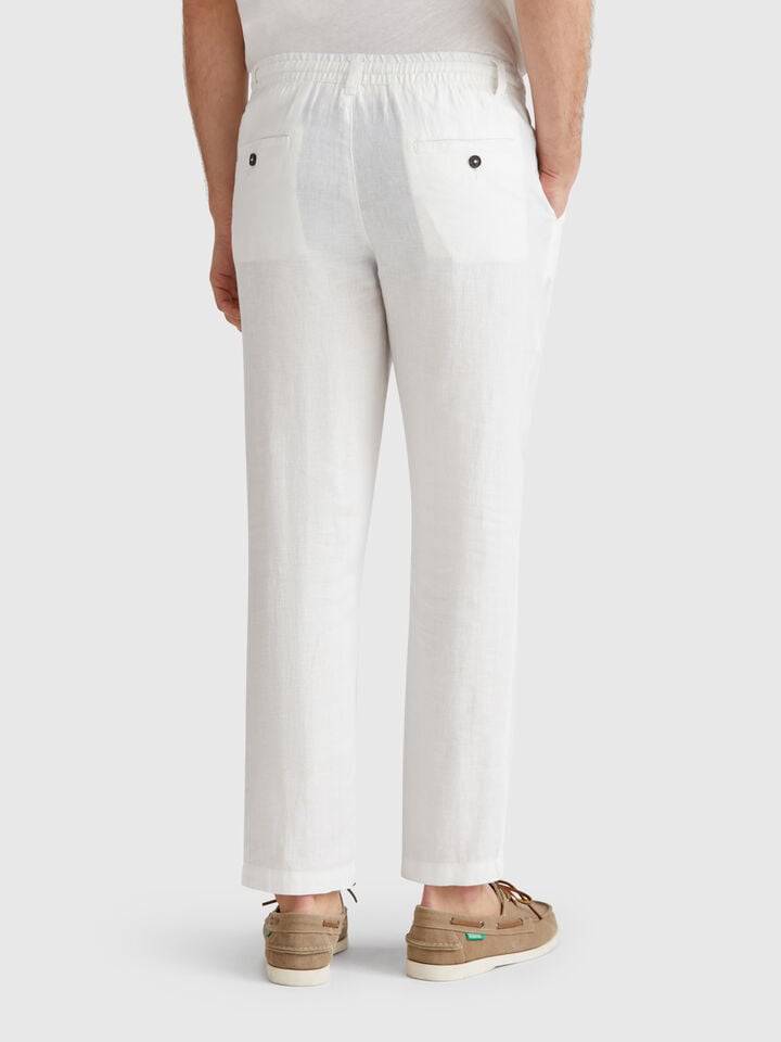 Benetton Trousers In Pure Linen With Drawstring Creamy White