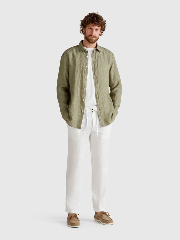 Benetton Trousers In Pure Linen With Drawstring Creamy White