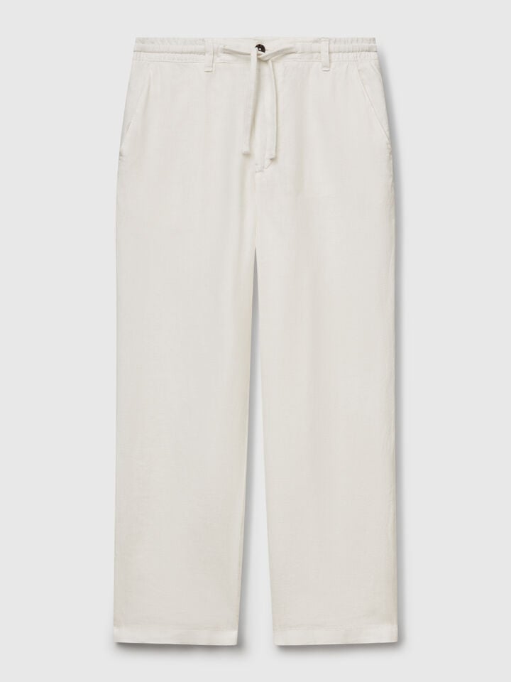 Benetton Trousers In Pure Linen With Drawstring Creamy White