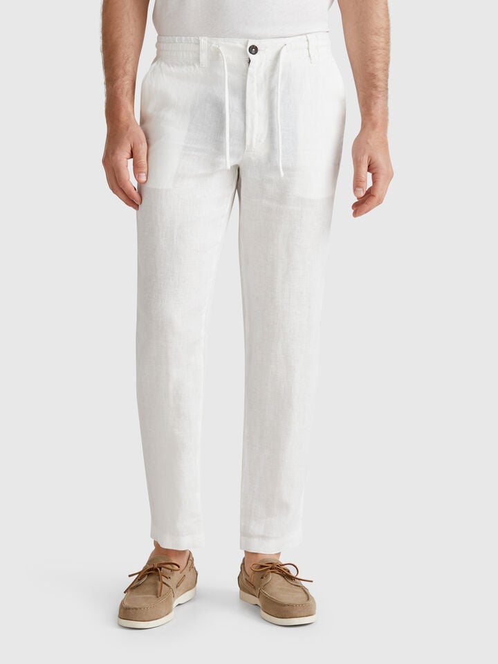 benetton Trousers in pure linen with drawstring Creamy White