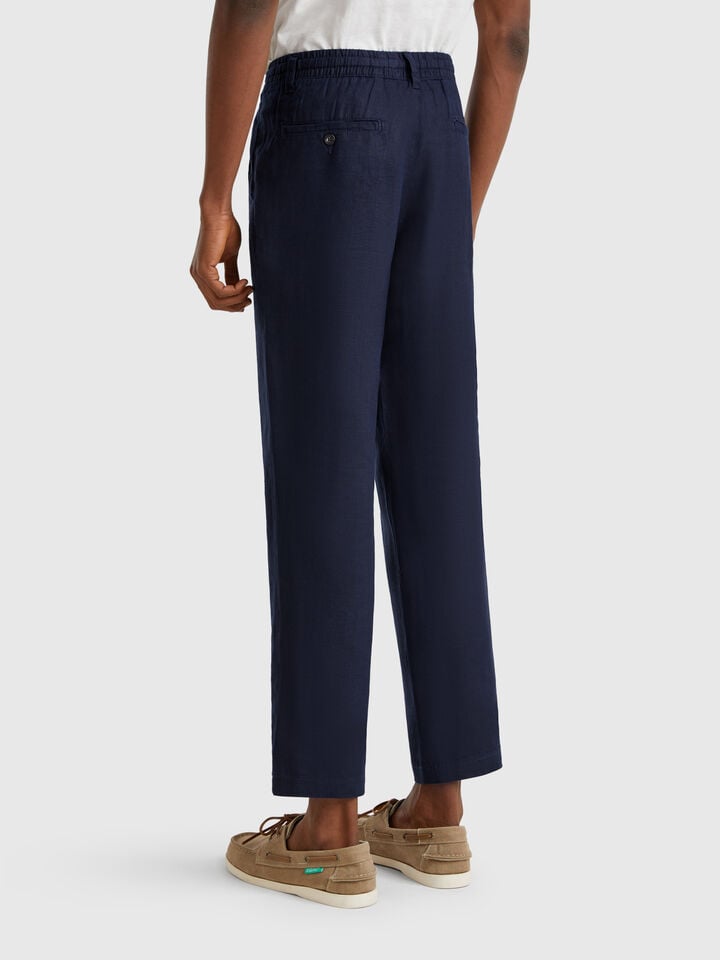 Benetton Trousers In Pure Linen With Drawstring Dark Blue