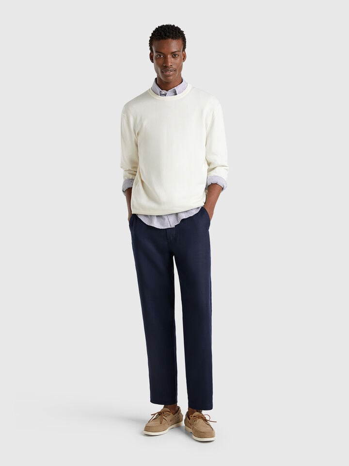 Benetton Trousers In Pure Linen With Drawstring Dark Blue