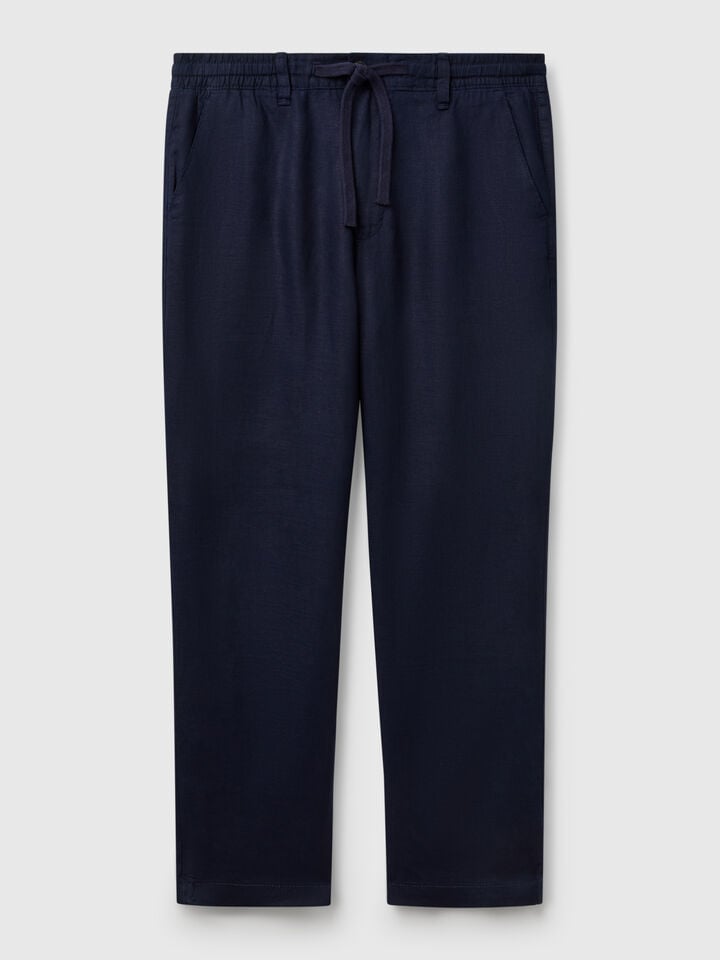 Benetton Trousers In Pure Linen With Drawstring Dark Blue