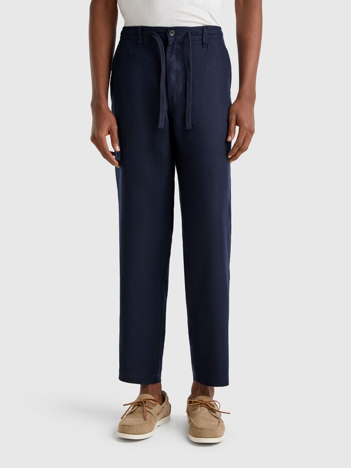 benetton Trousers in pure linen with drawstring Dark Blue